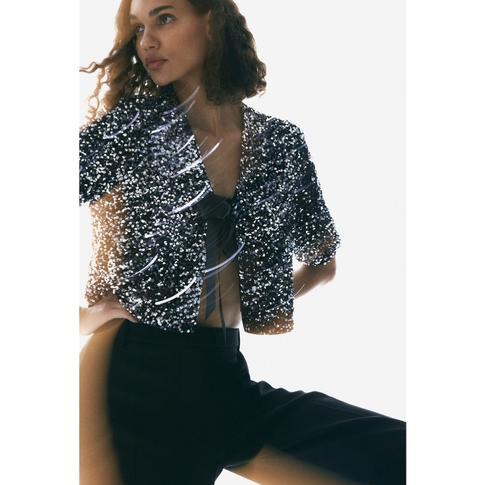 H&M Cropped Black Velvet Top with Silver Sequins Size XS